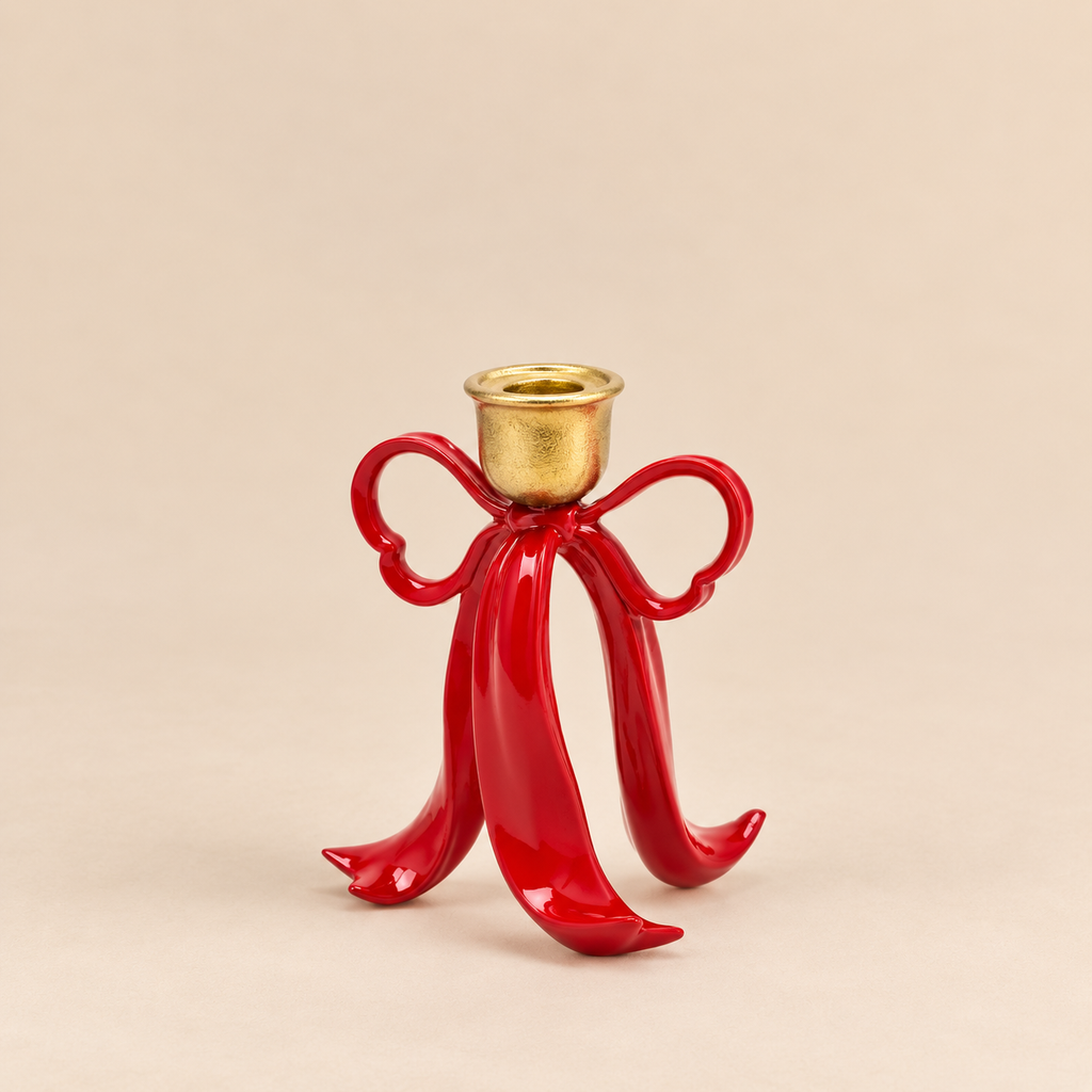 Portacandela Fiocco Rosso e Oro 12 x 11 x H 16 cm