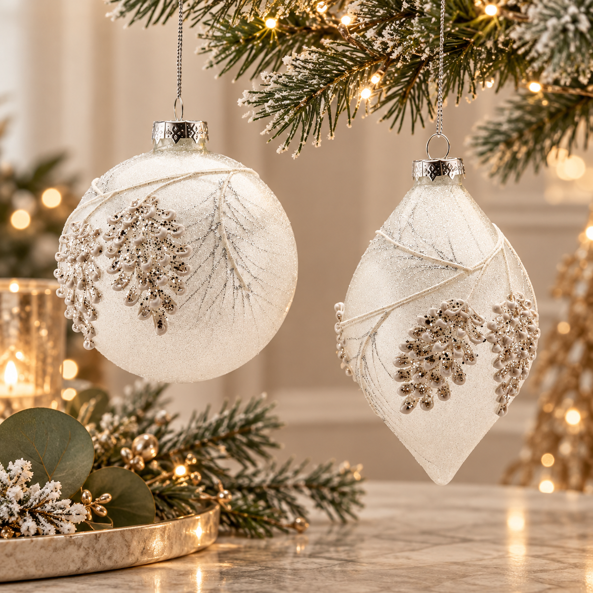 Decorazione Natalizia in Vetro Bianco e Trasparente con Rami Innevati e Glitter Argento 10 cm