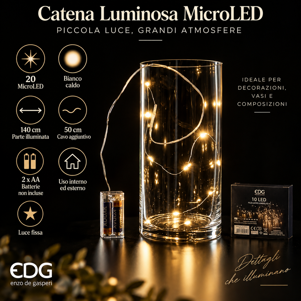 Catena Luminosa MicroLED 20 LED Bianco Caldo 140 cm a Batteria - EDG