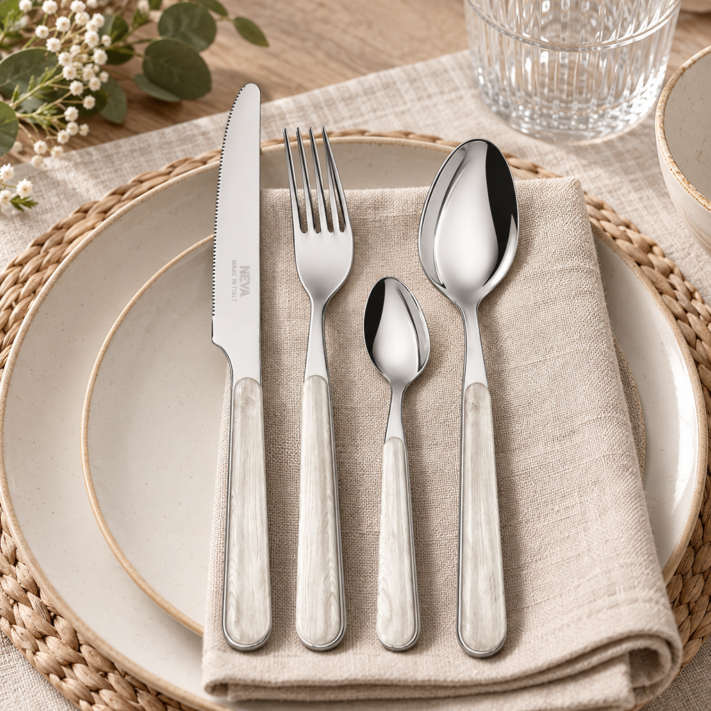 Servizio Posate 24 Pezzi Bistrot Natural Inspiration Effetto Legno Bianco – Acciaio Inox 18/10