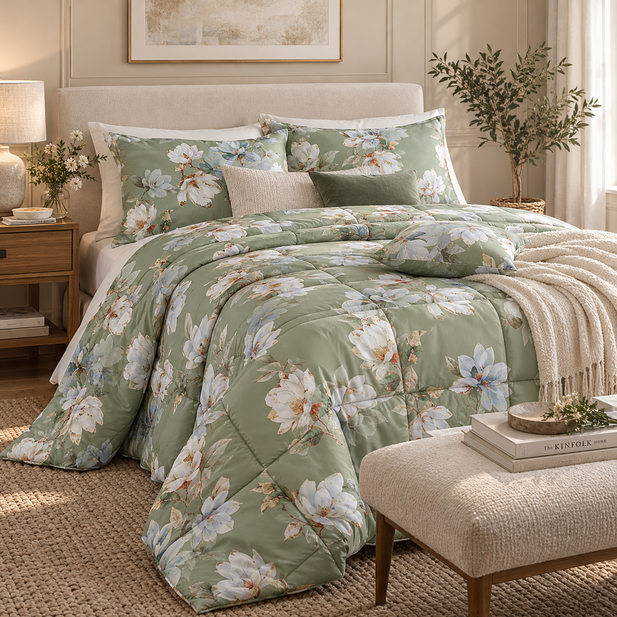 Trapunta Matrimoniale Mikado Tessitura Randi in Velluto Floreale Verde Salvia – 260 x 270 cm