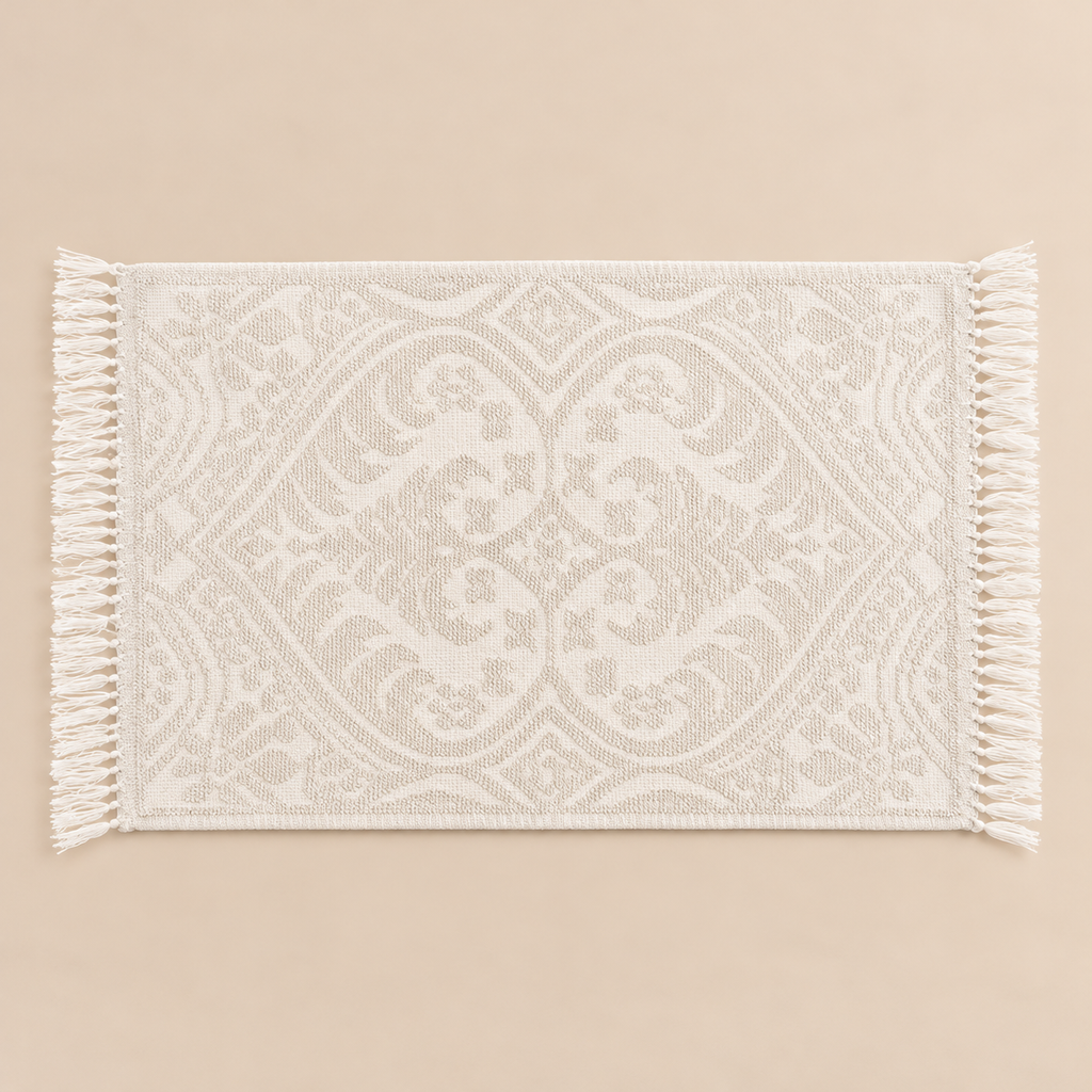 Tappeto Bagno Jacquard Bianco in Cotone con Motivi Ornamentali e Frange 50 x 80 cm – Blanc Mariclò Bagno in Villa