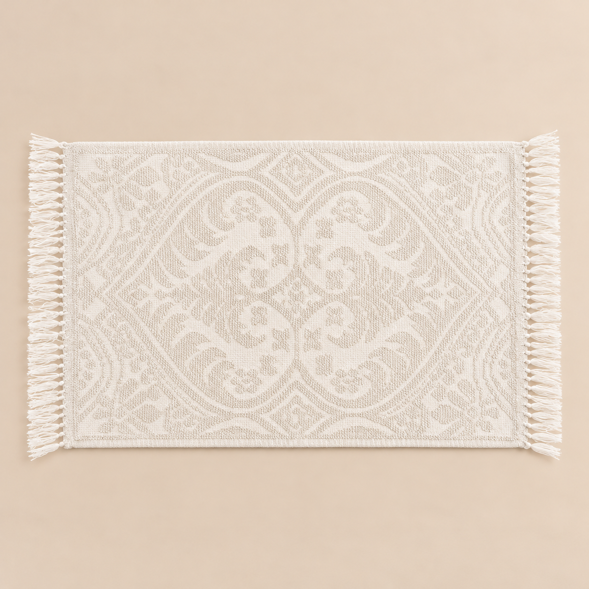Tappeto Bagno Jacquard Bianco in Cotone con Motivi Ornamentali e Frange 50 x 80 cm – Blanc Mariclò Bagno in Villa
