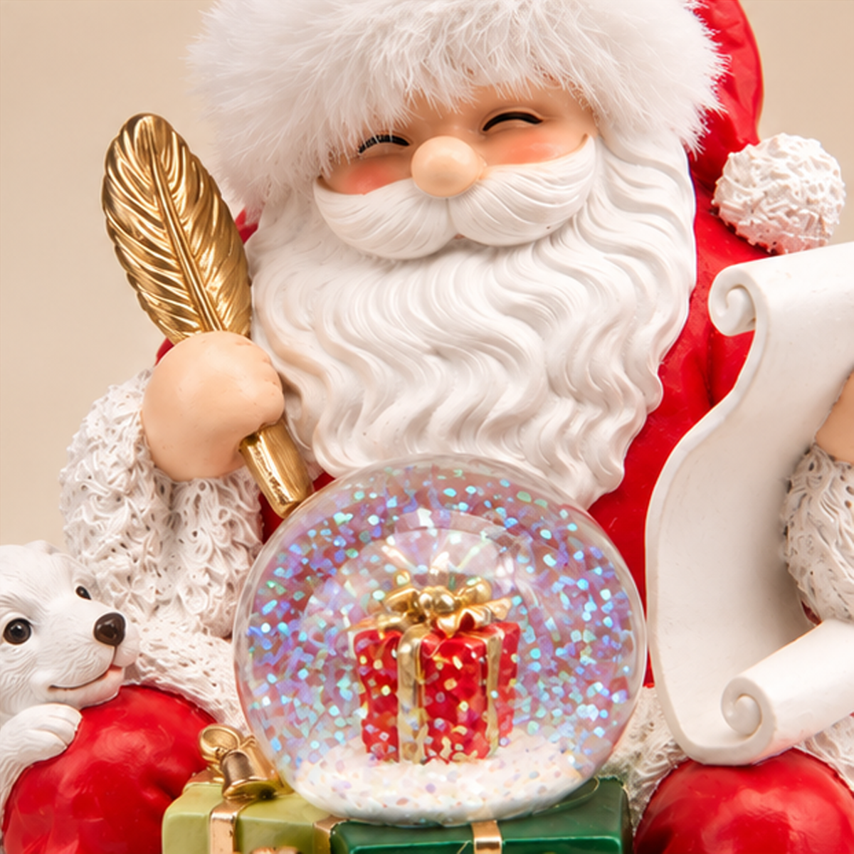 Babbo Natale Decorativo con Sfera d'Acqua Glitter, Regali e Cagnolino in Resina