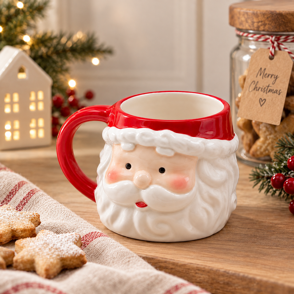 Tazza Natalizia EDG in Ceramica a Forma di Babbo Natale con Manico Rosso