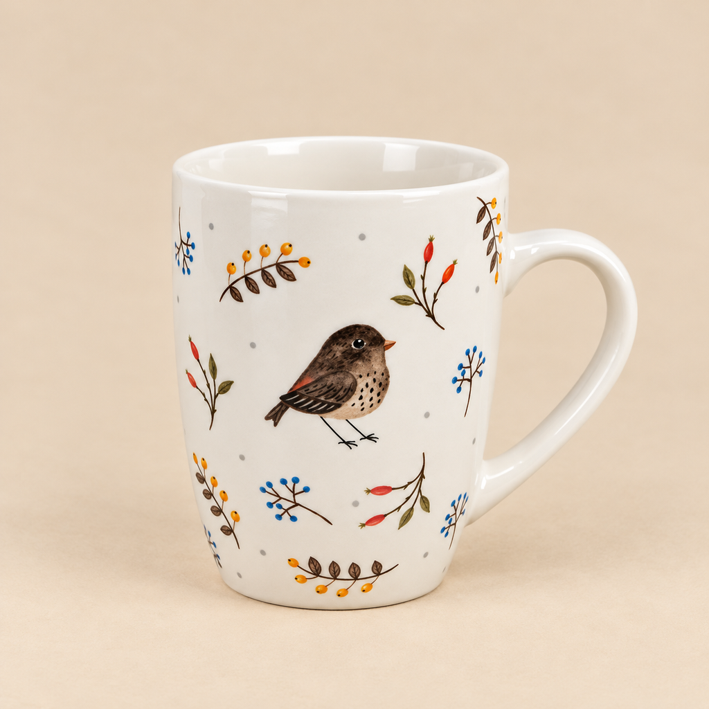 Tazza in Ceramica con Uccellino e Decorazioni Botaniche