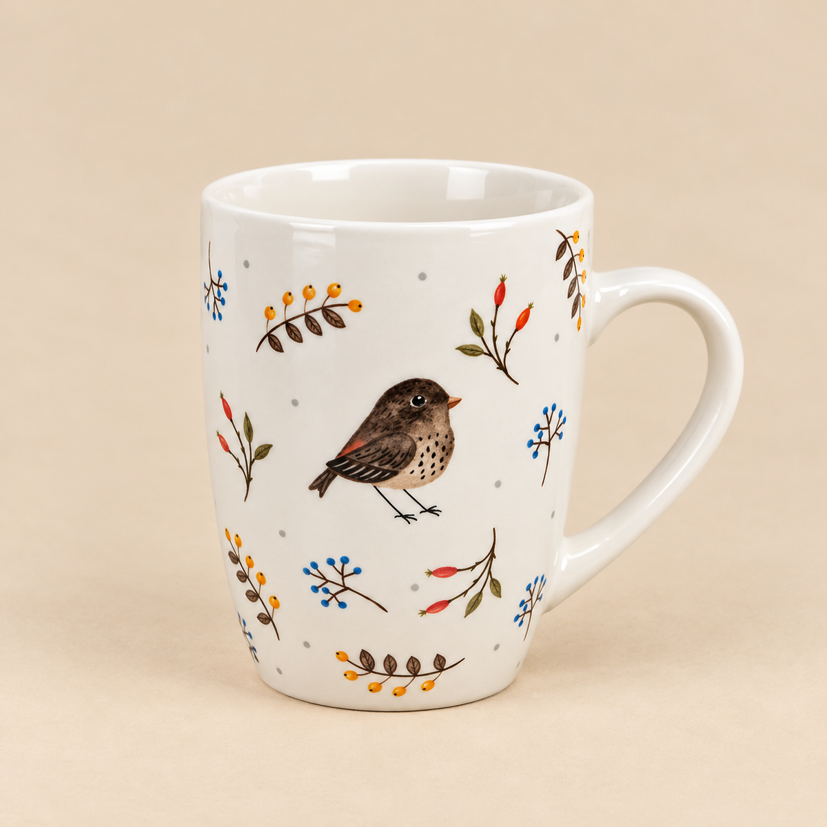 Tazza in Ceramica con Uccellino e Decorazioni Botaniche