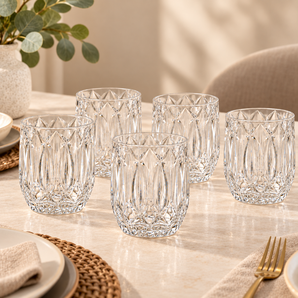 Set 6 Bicchieri Acqua Diamante in Vetro Trasparente Lavorato con Decoro Sfaccettato – Ø 8 x H 10 cm