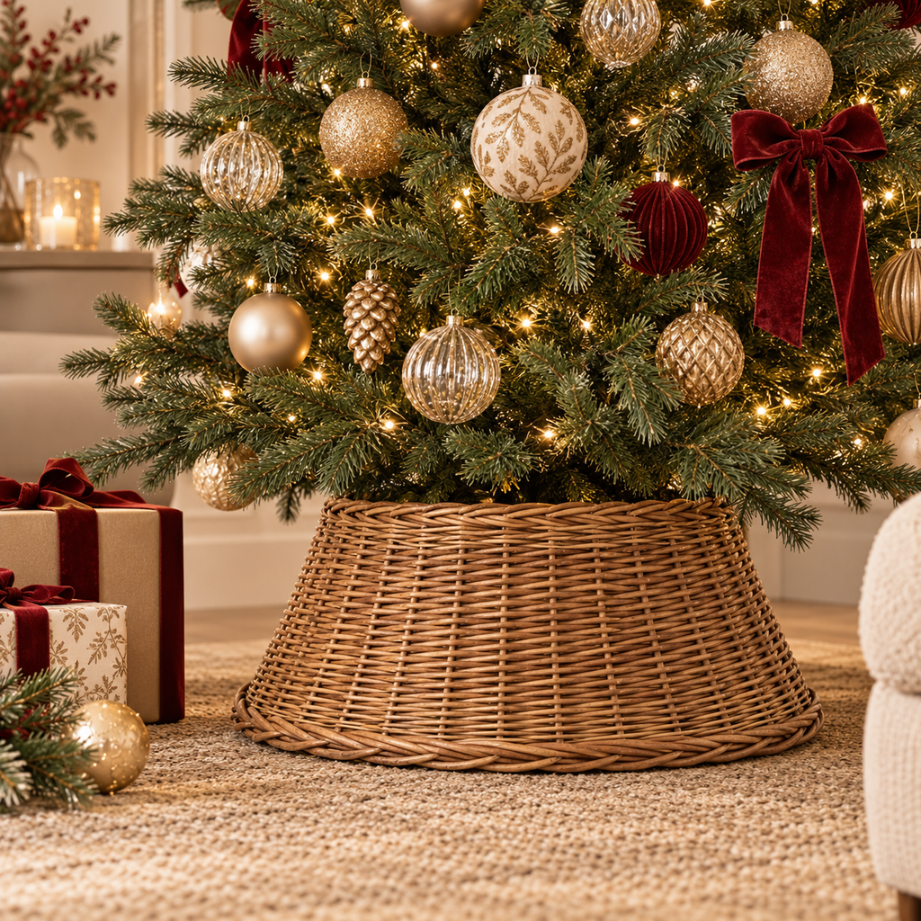 Copribase Albero di Natale in Vimini Naturale Marrone Intrecciato – Ø 45 x H 24 cm