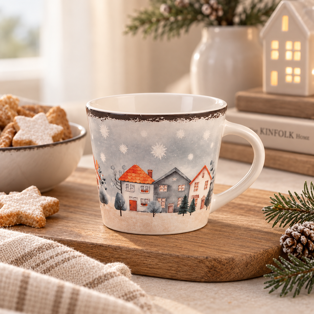 Tazza da Tè Village – Decoro Paesaggio Invernale con Casette e Fiocchi di Neve – 280 ml