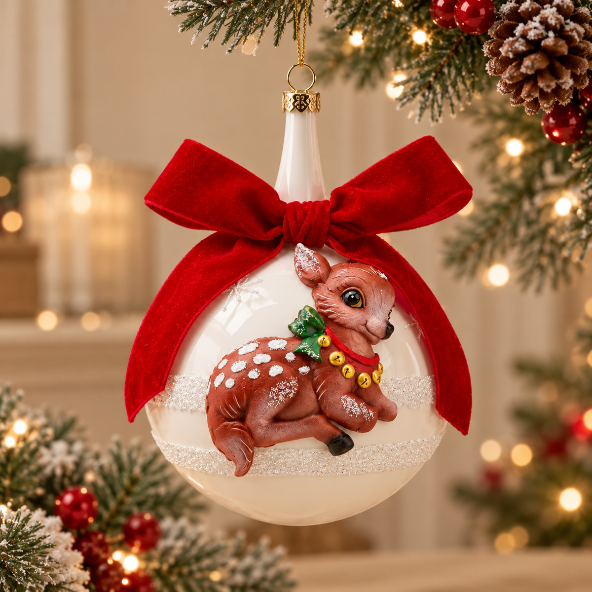 Sfera di Natale in Vetro Bianco con Cerbiatto in Rilievo e Fiocco Rosso in Velluto – 10 cm