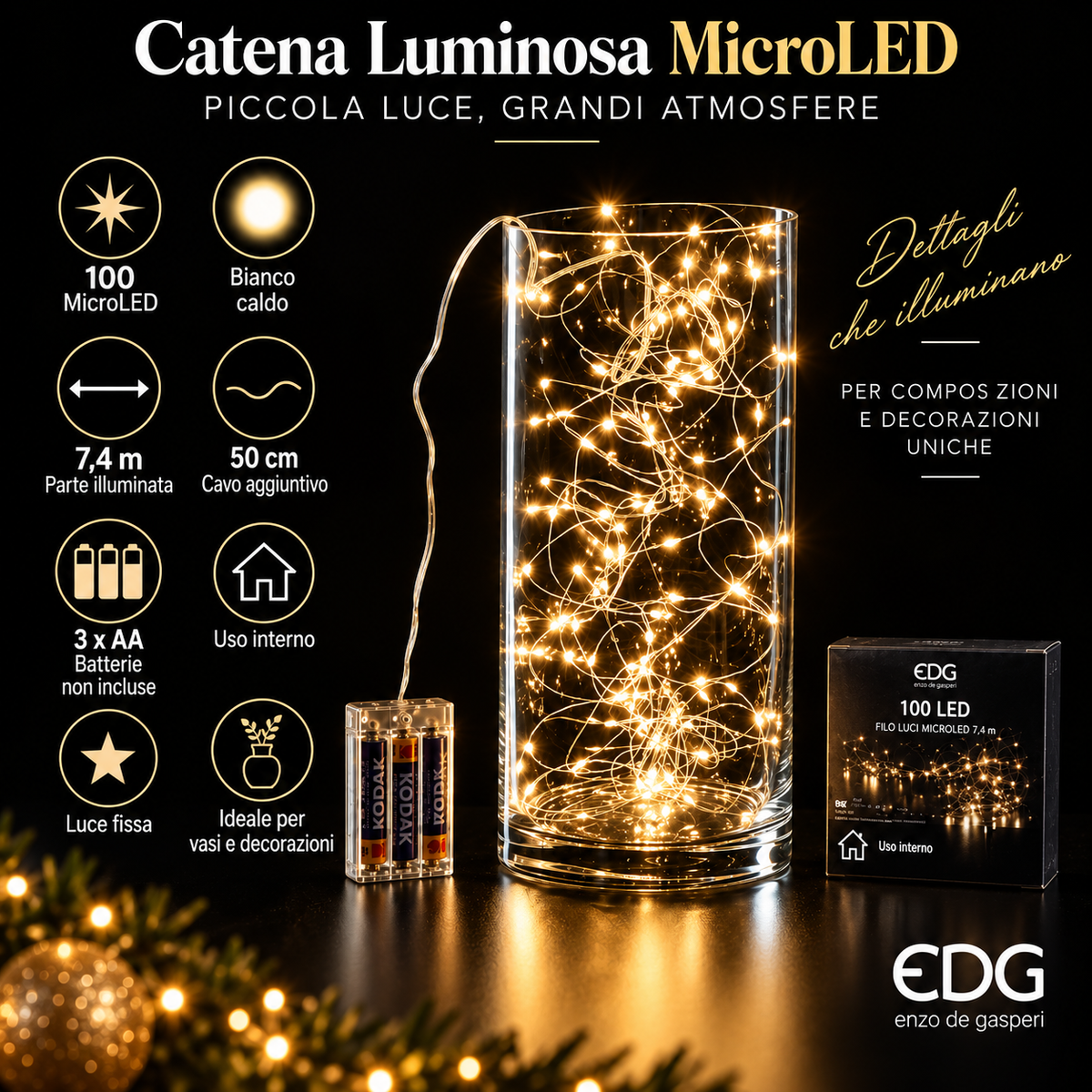 Catena Luminosa MicroLED 100 LED Bianco Caldo 7,4 m a Batteria - EDG