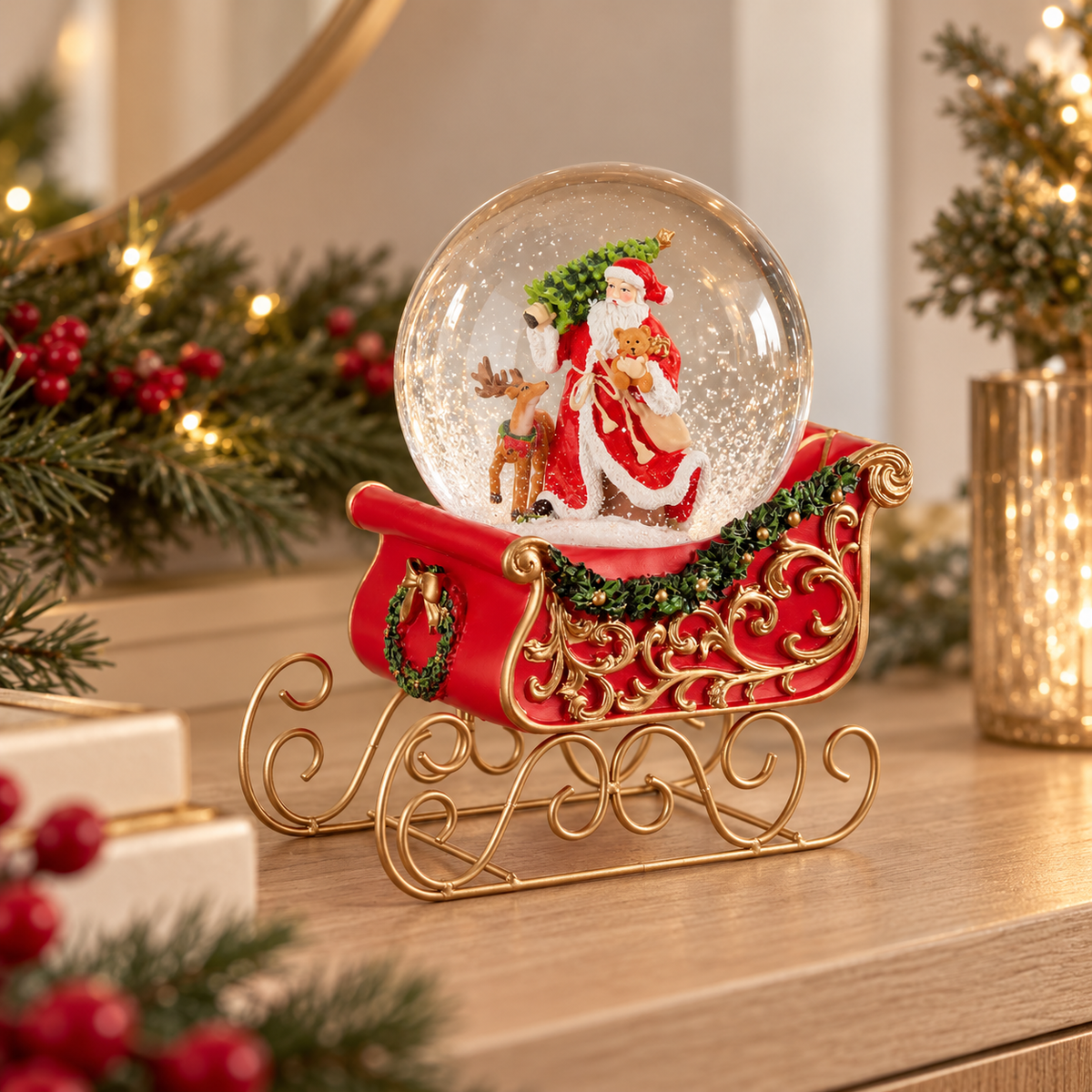 Palla di Neve Natalizia con Babbo Natale e Renna su Slitta Rossa e Oro – Collezione I Sogni dei Piccoli 17x12x20 cm