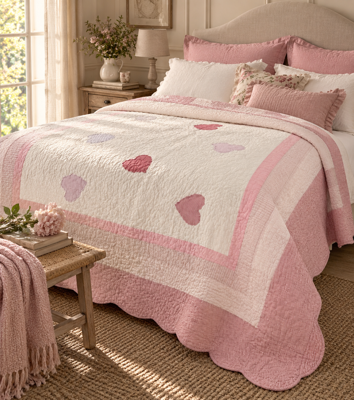 Boutis Trapunta Angelica Cuori Patch Rosa Antico – 230 x 260 cm (Seconda Scelta)