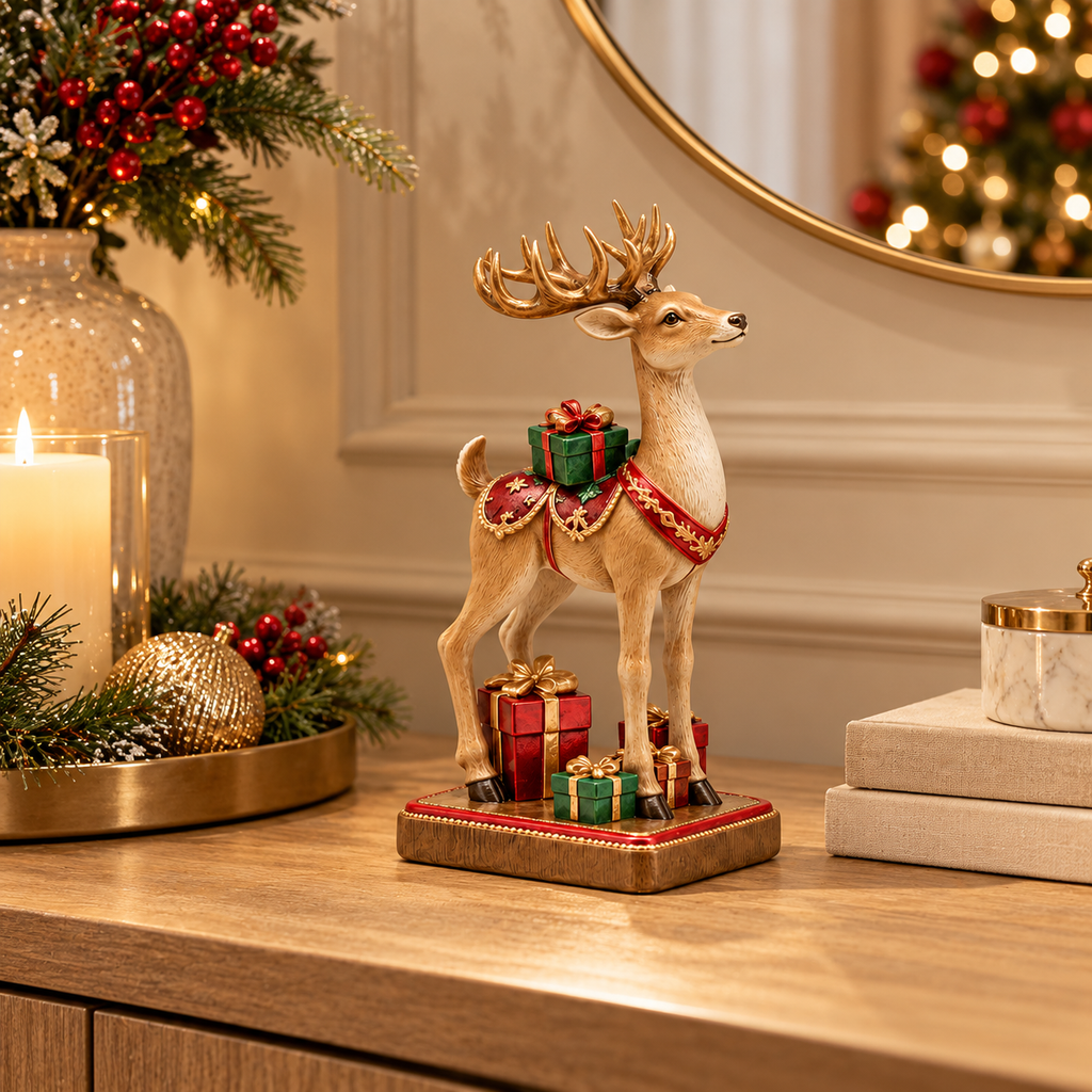 Renna Natalizia Decorativa EDG con Pacchi Regalo Verde, Rosso e Oro 20cm