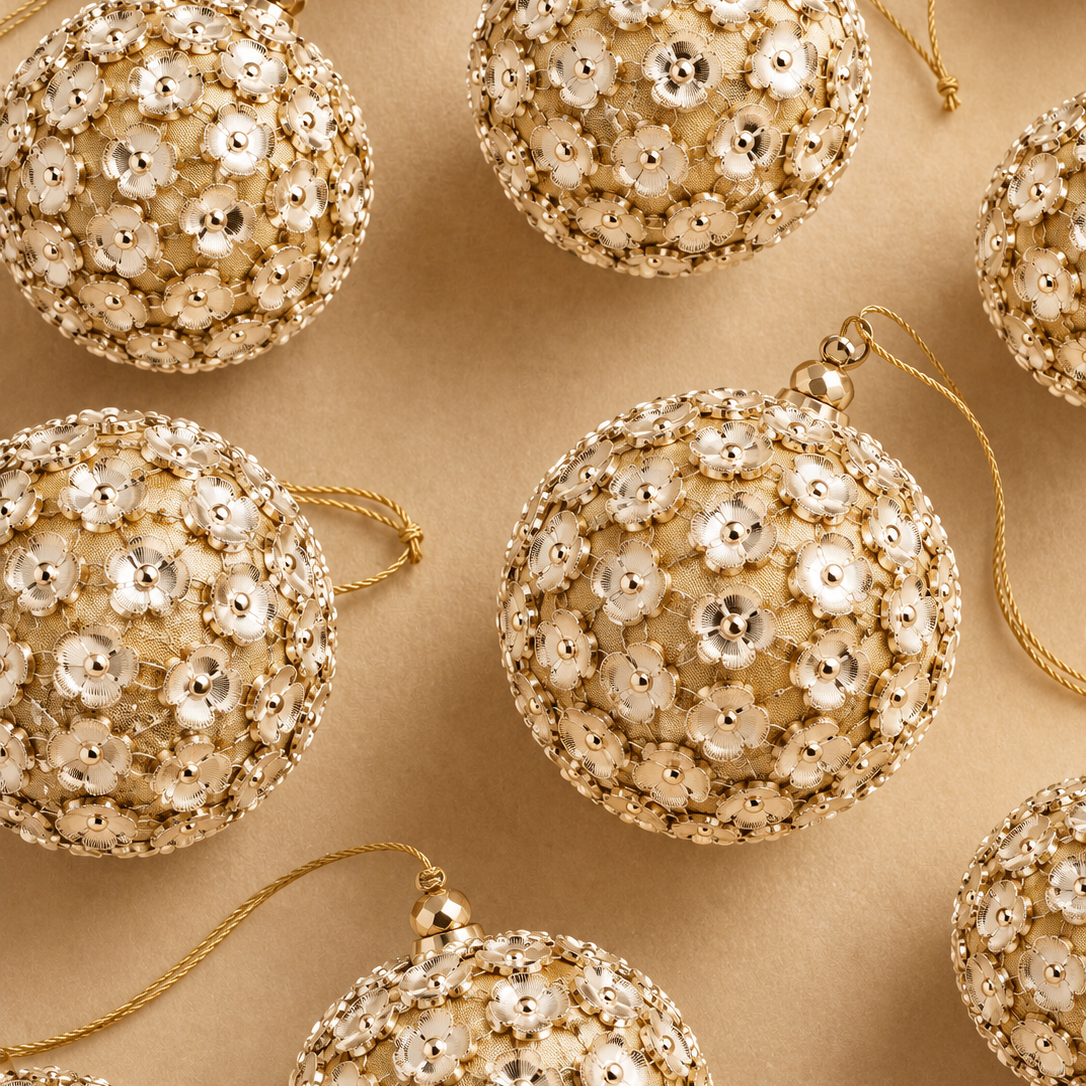 Sfera di Natale con Fiori in Ottone Dorato e Rivestimento Effetto Tessuto – Ø 10 cm