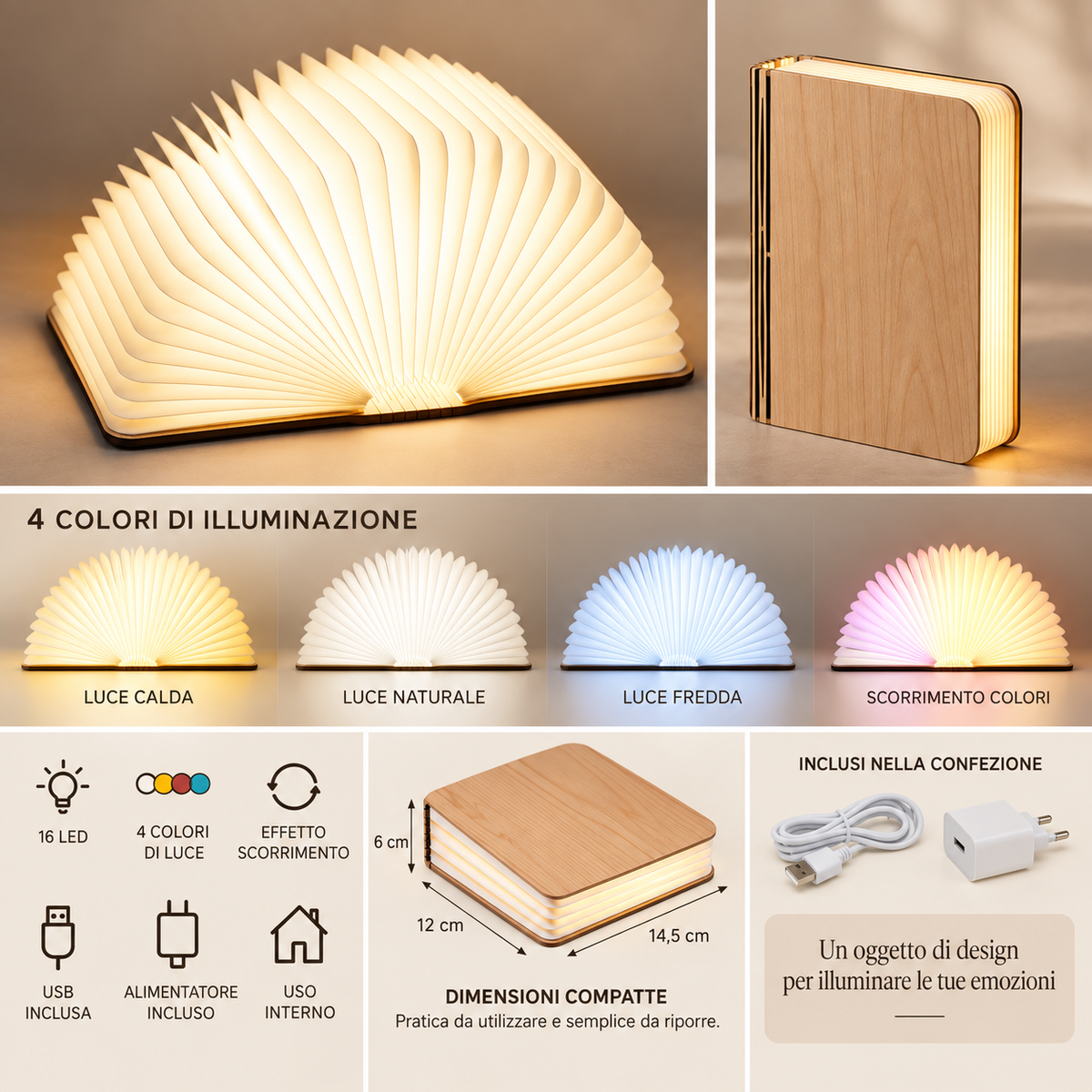 Lampada Libro LED in Acero 16 LED con 4 Colori – USB