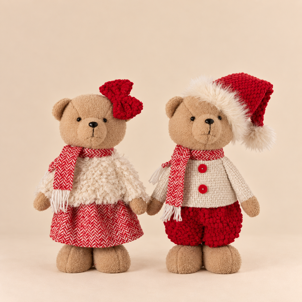 Orsetto Natalizio Decorativo con Gambe Allungabili in Tessuto Rosso e Beige