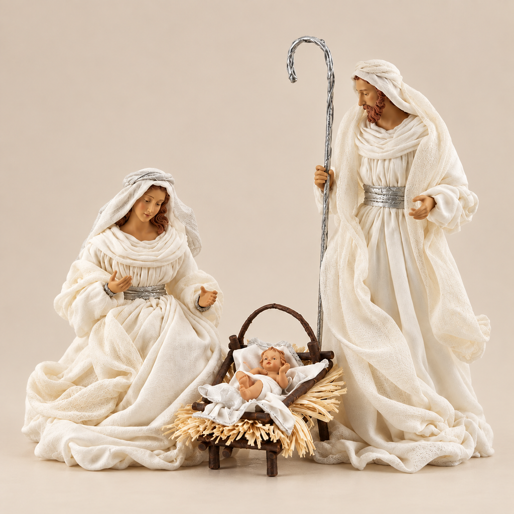 Natività Sacra Famiglia Total White H 46 cm con Abiti in Tessuto - EDG
