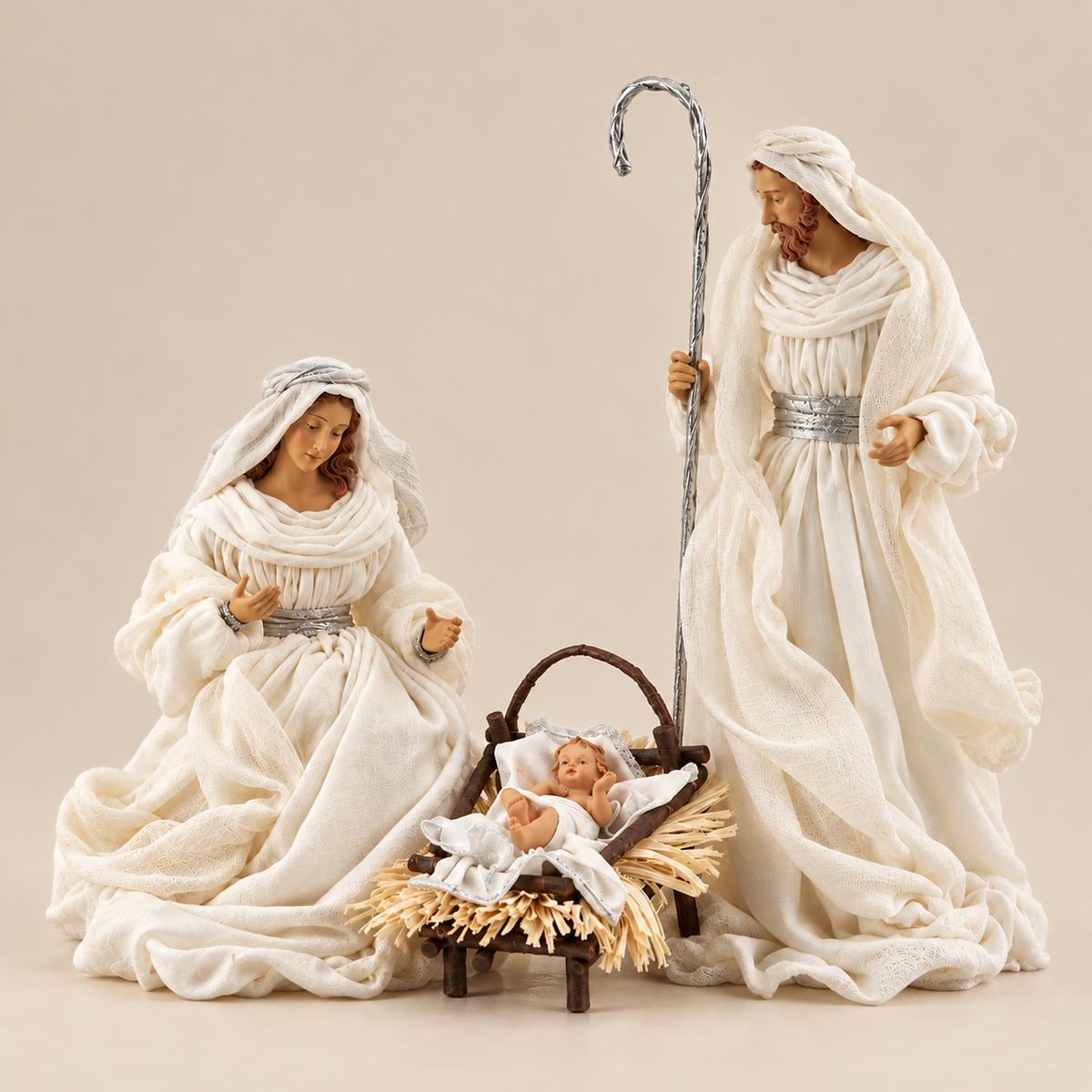 Natività Sacra Famiglia Total White H 46 cm con Abiti in Tessuto - EDG