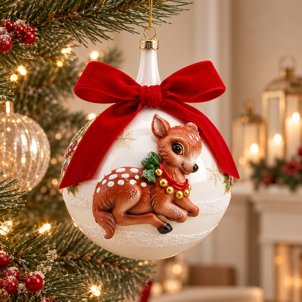 Sfera di Natale EDG in Vetro Bianco con Cerbiatto in Rilievo e Fiocco Rosso in Velluto – Ø 12 cm