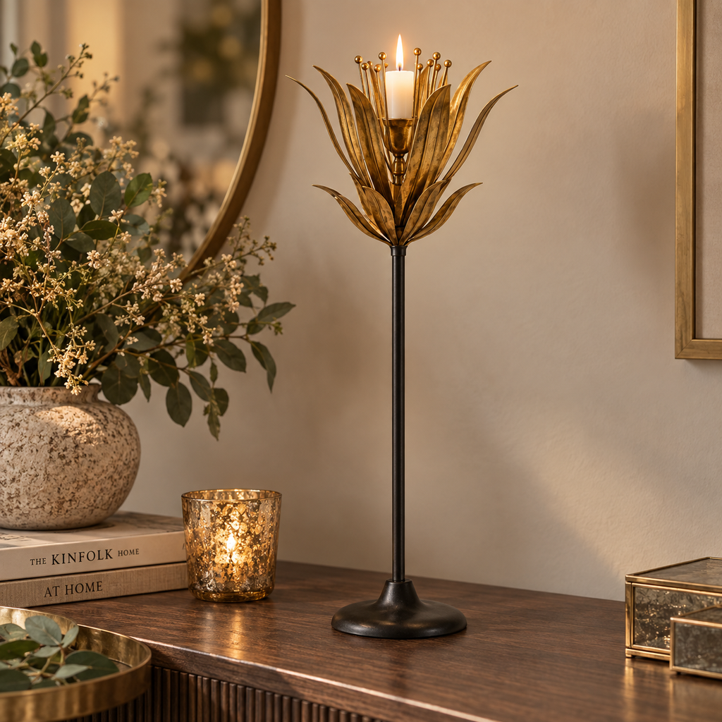 Portacandela Ramo Fiore con Pistilli Oro e Nero h.54 cm