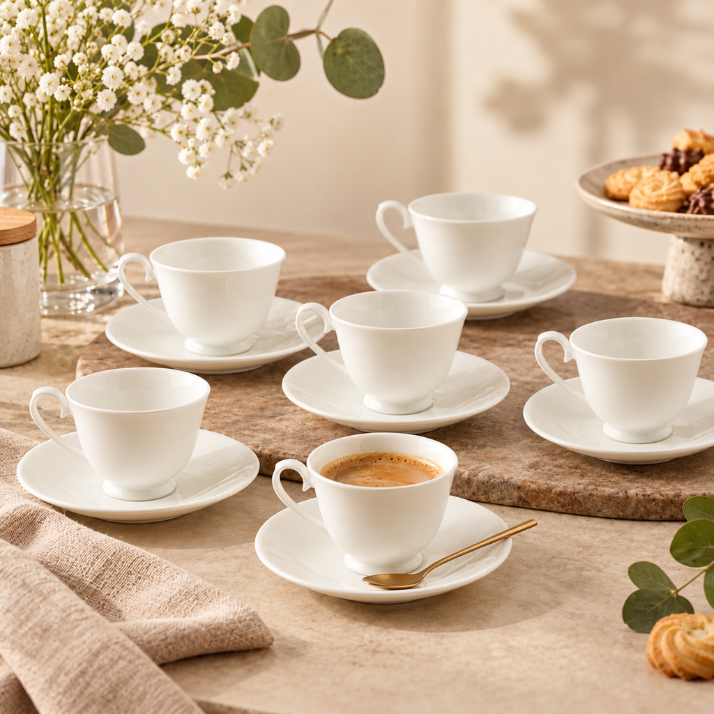 Set 6 Tazzine da Caffè Clara con Piattino in Porcellana Bone China Bianca – Ø 7 cm