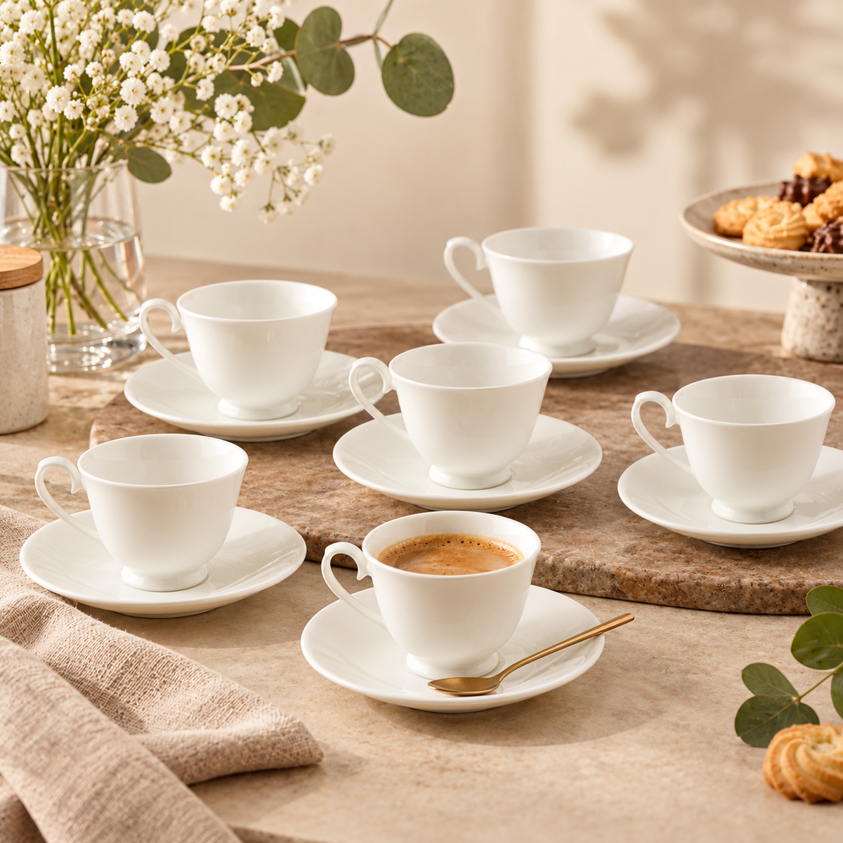 Set 6 Tazzine da Caffè Clara con Piattino in Porcellana Bone China Bianca – Ø 7 cm