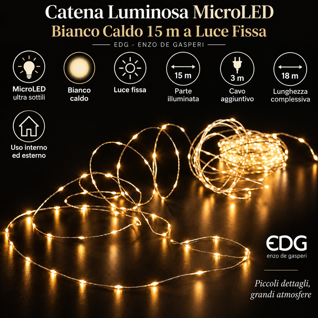 Catena Luminosa MicroLED Bianco Caldo 15 m a Luce Fissa - EDG