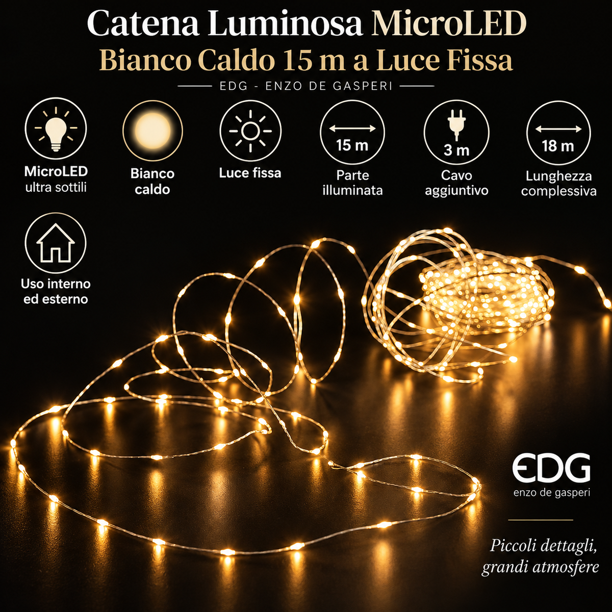 Catena Luminosa MicroLED Bianco Caldo 15 m a Luce Fissa - EDG