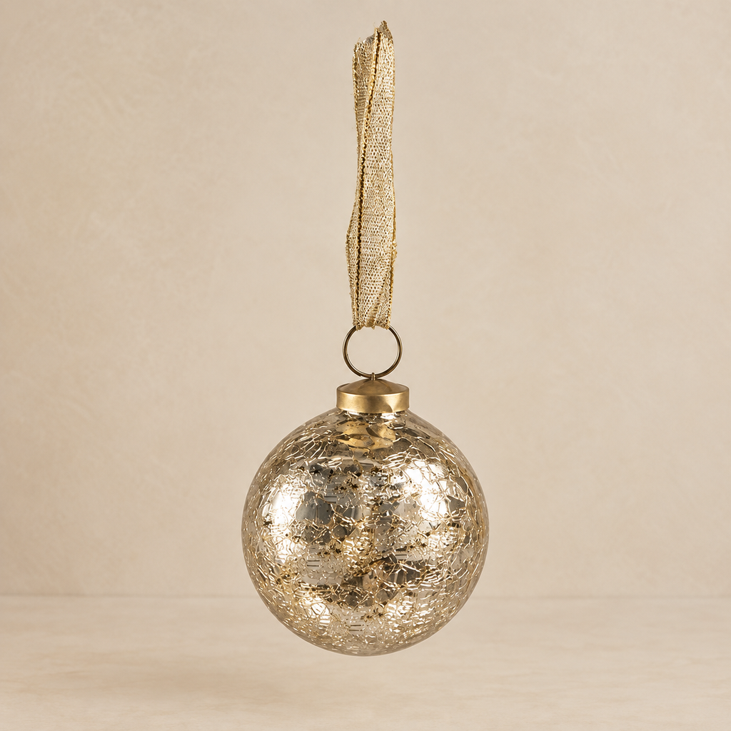 Sfera di Natale in Vetro Oro Anticato con Effetto Craquelé e Nastro Dorato – Ø 10 cm