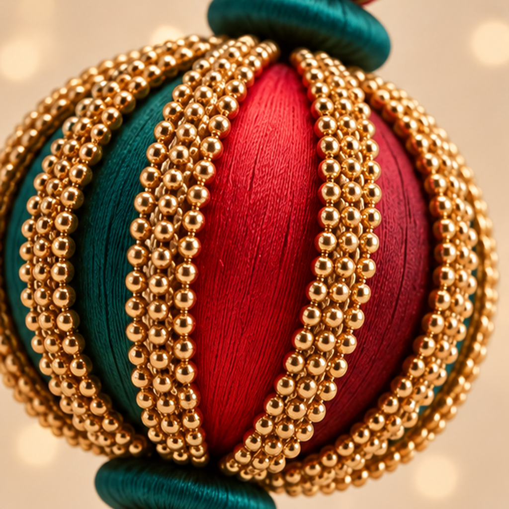 Decorazione Natalizia Sfera con Nappina Rossa, Verde e Oro 28cm