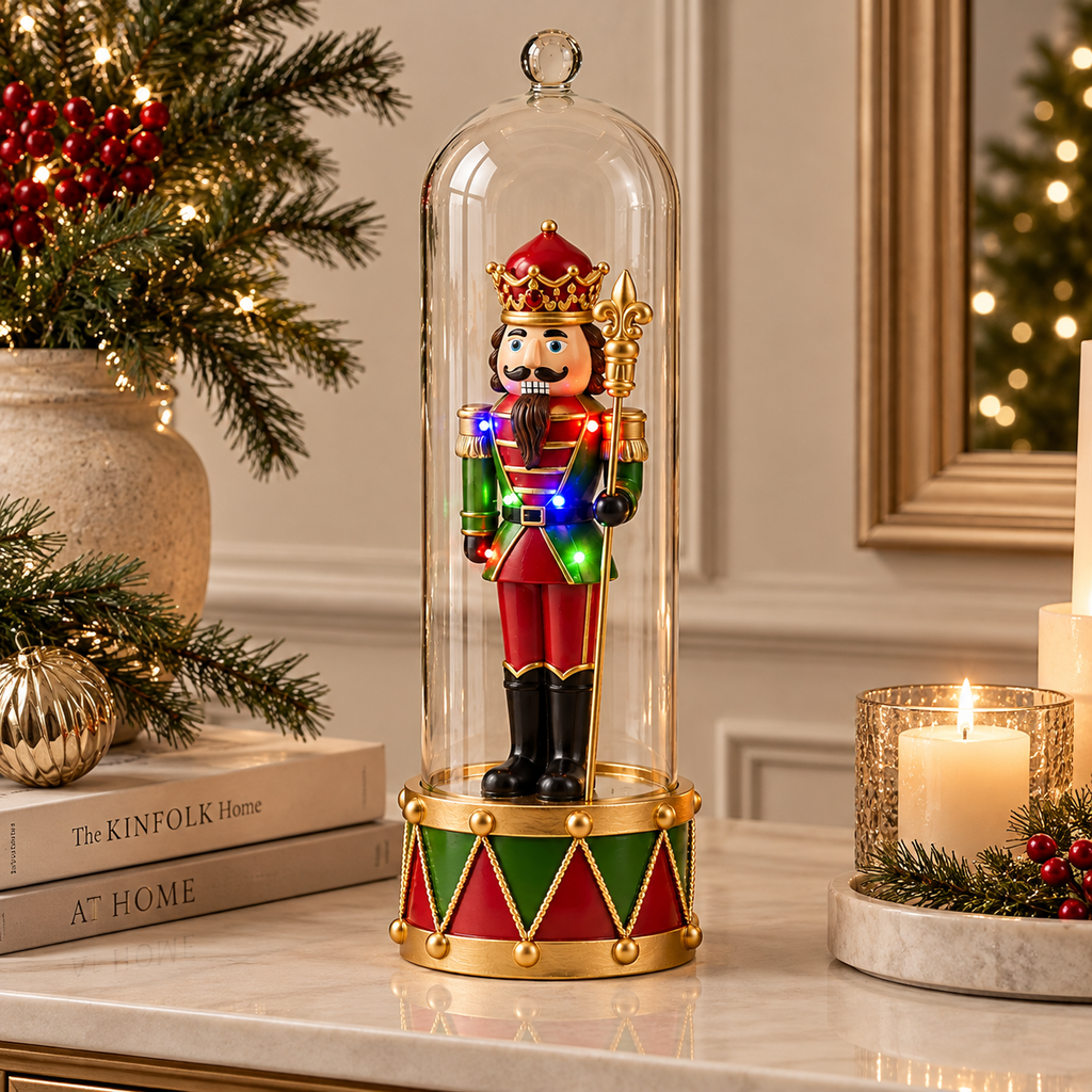 Schiaccianoci Natalizio Luminoso con Corona Rossa e Oro sotto Campana Trasparente e Base Tamburo – H 40 cm