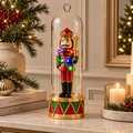 Schiaccianoci Natalizio Luminoso con Corona Rossa e Oro sotto Campana Trasparente e Base Tamburo – H 40 cm