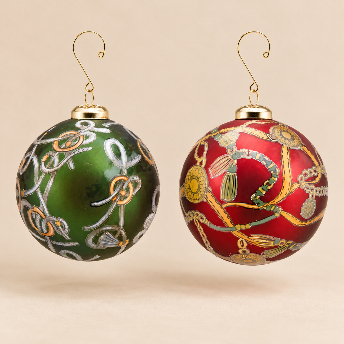 Sfera di Natale  in Vetro con Fantasia Catene Verde Bosco e Rosso Bordeaux – Ø 10 cm (Seconda scelta)