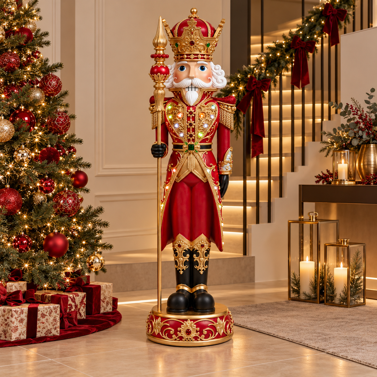 Schiaccianoci Reale Gigante EDG Musicale con LED Rosso e Oro, Corona e Scettro 153cm