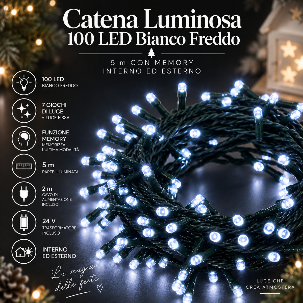 Catena Luminosa 100 LED Bianco Freddo 7 Giochi di Luce 5 m – Interno ed Esterno