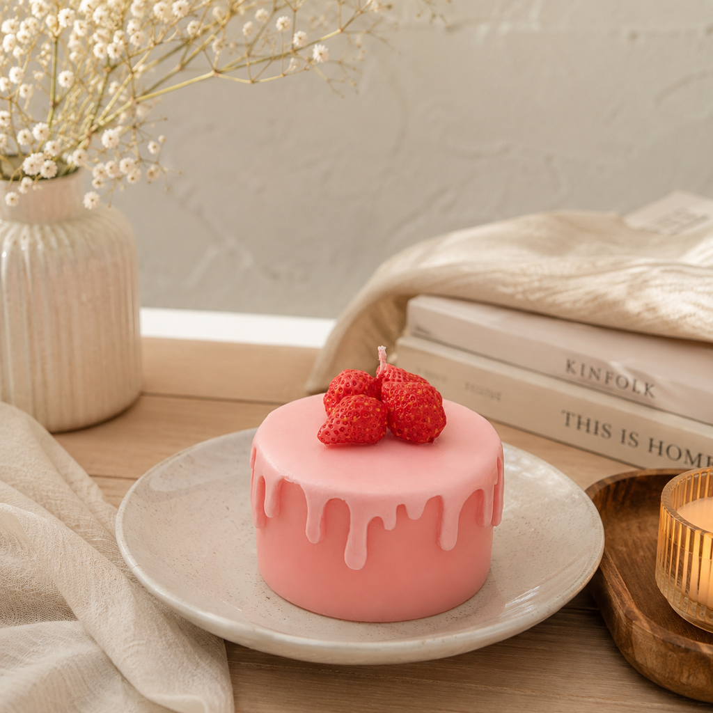 Candela Decorativa a Forma di Torta con Fragole