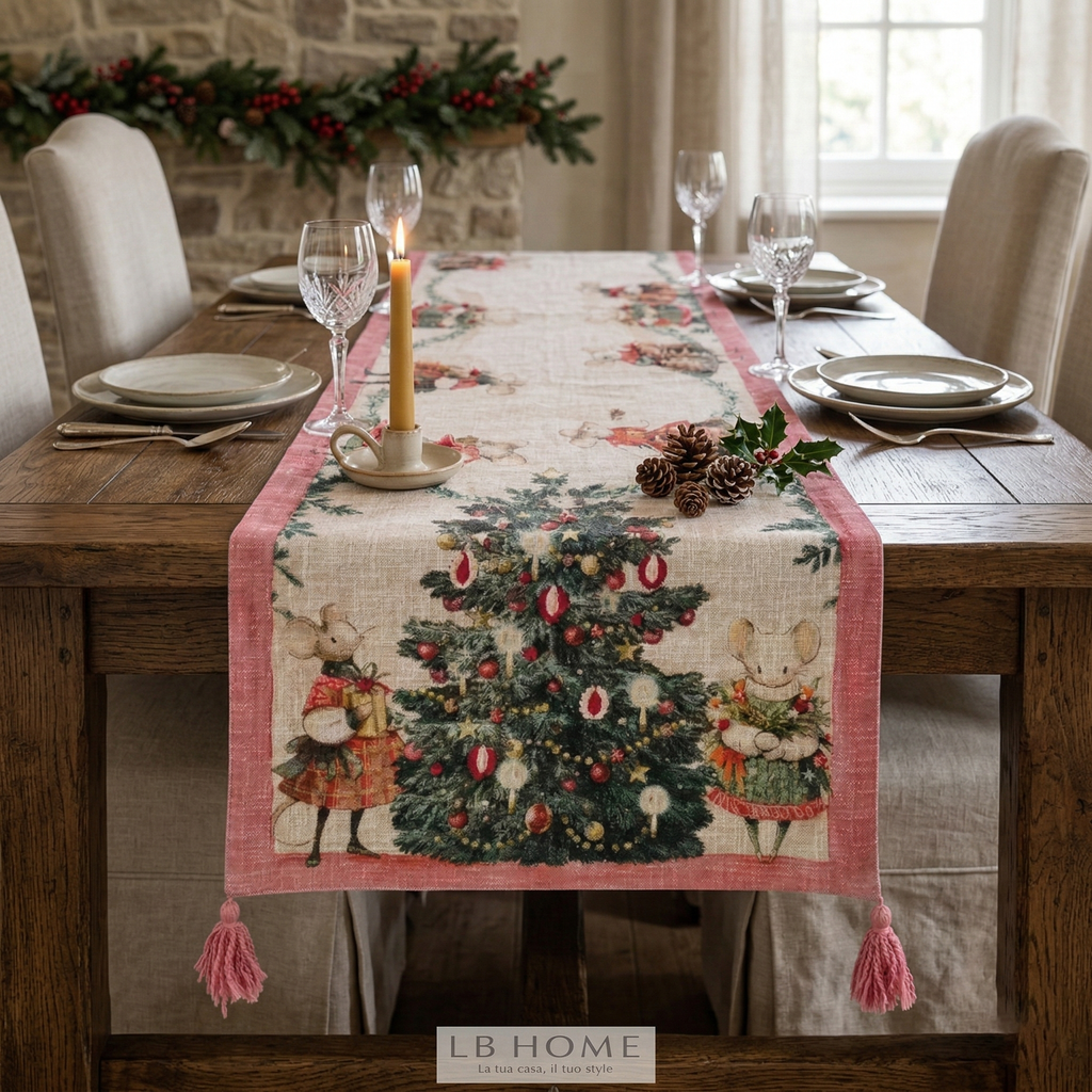 Runner ricamato con nappe "Favola di Natale"