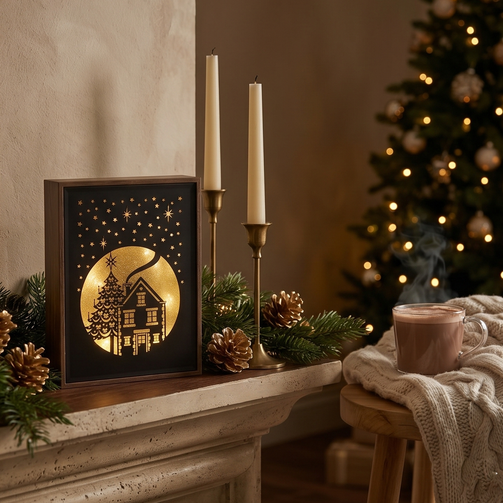 Quadretto con led Paesaggi Segreti casetta e albero