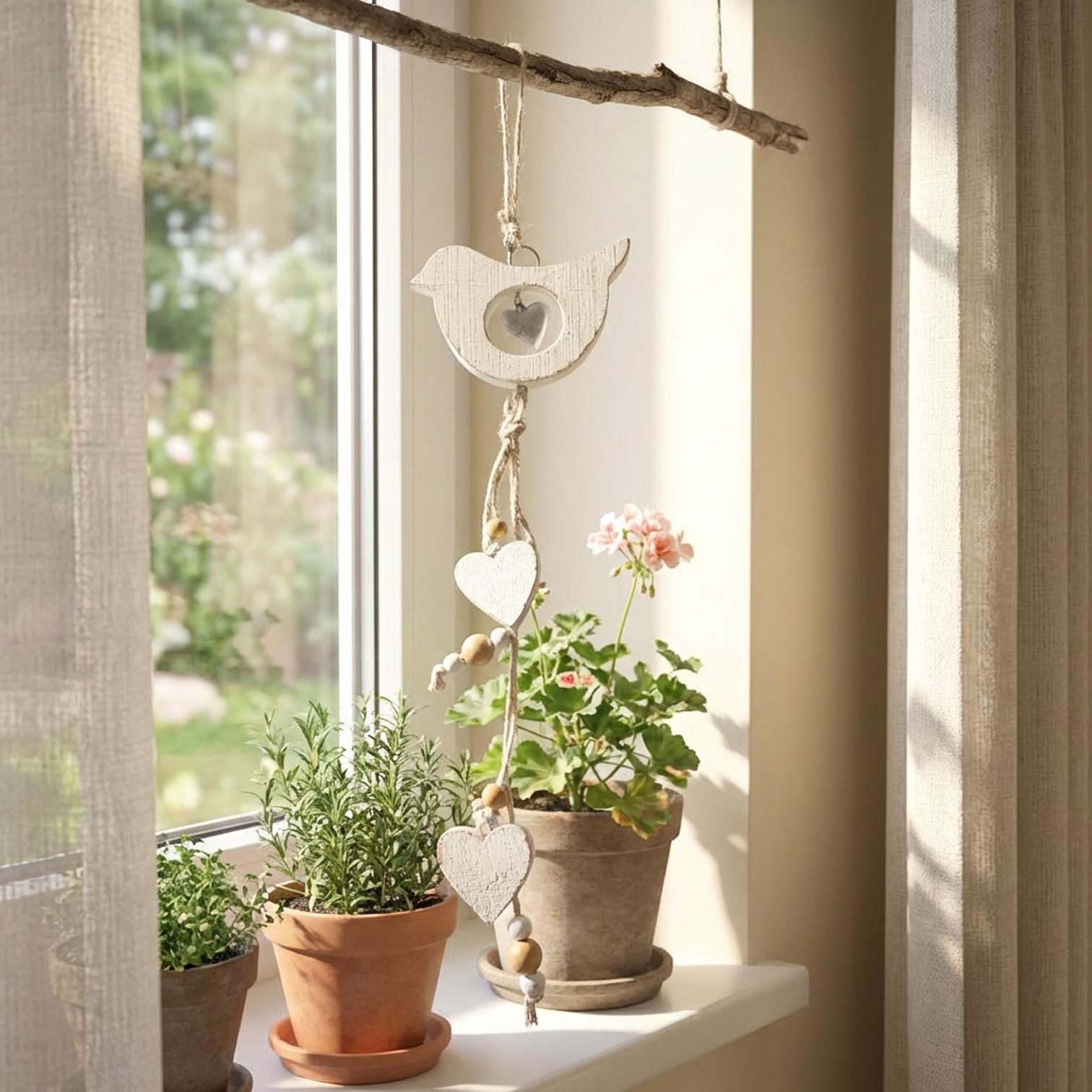 Decoro da Appendere in Legno con Uccellino e Cuori