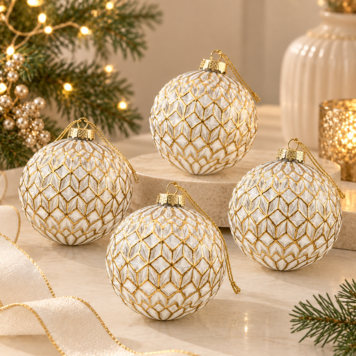 Set 4 sfere di Natale in Vetro Bianco e Oro con Decoro Geometrico a Rombi – Ø 8 cm