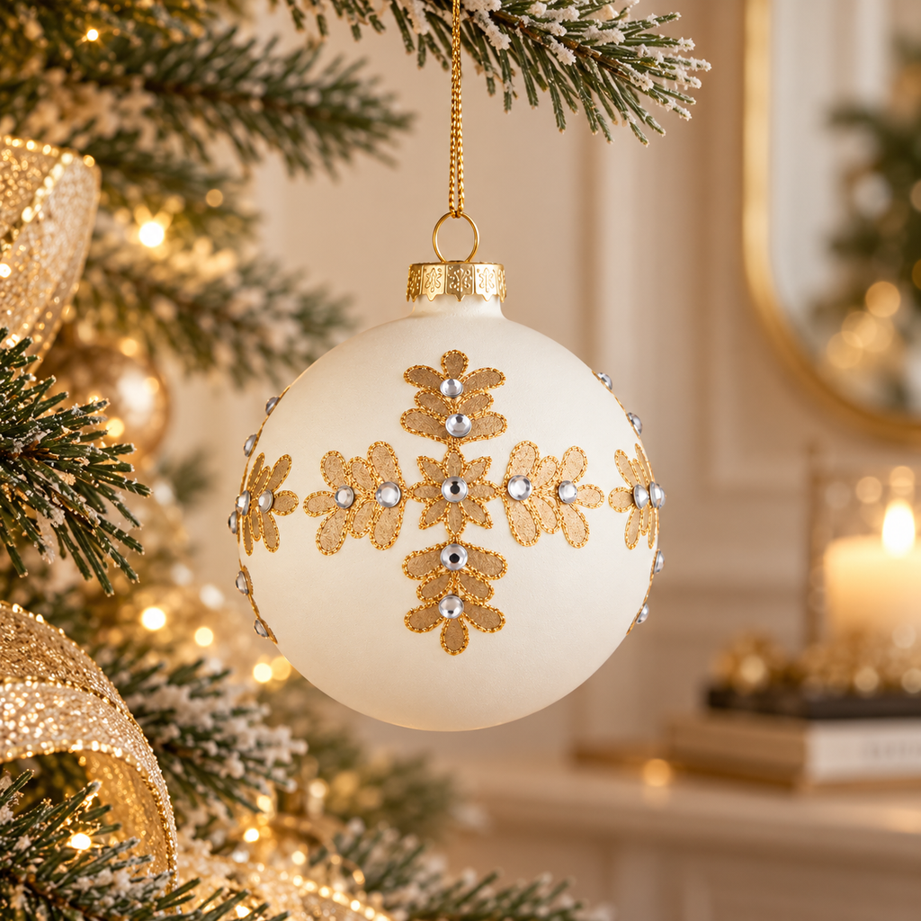 Sfera di Natale in Vetro Bianco e Oro con Fiori Glitterati e Strass Decorativi – Ø 8 cm