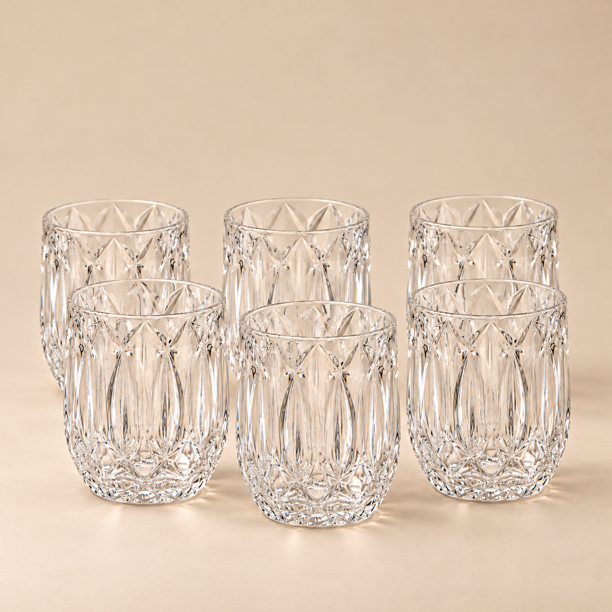 Set 6 Bicchieri Acqua Diamante in Vetro Trasparente Lavorato con Decoro Sfaccettato – Ø 8 x H 10 cm