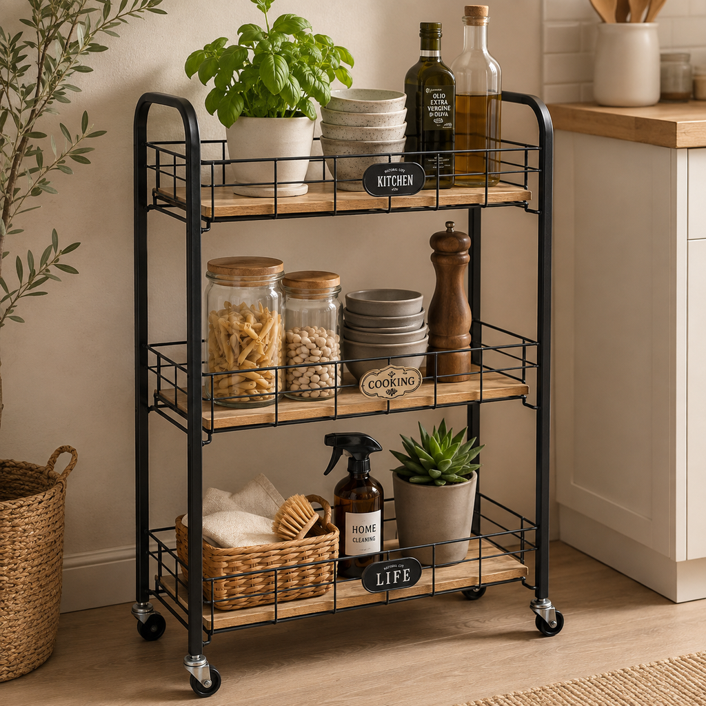 Carrello a 3 Ripiani in Legno e Metallo con Ruote – 46 x 24 x H 79 cm