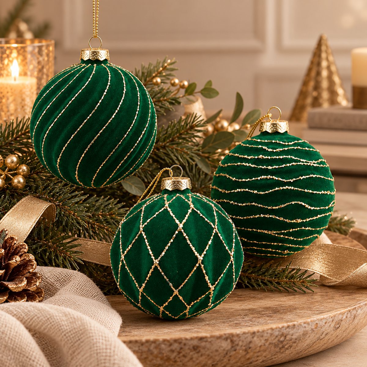 Sfera di Natale in Vetro Verde Smeraldo Effetto Velluto con Glitter Oro – Ø 10 cm