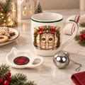 Tazza Natalizia in Ceramica con Infusore e Piattino – Decoro Portone Natalizio con Ghirlande e Fiocchi Rossi – 350 ml –