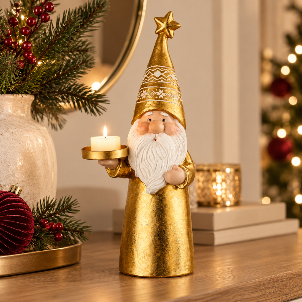 Babbo Natale Dorato Portacandela con Cappello a Punta e Stella – Collezione Portiamo la Luce! 12x8x30 cm