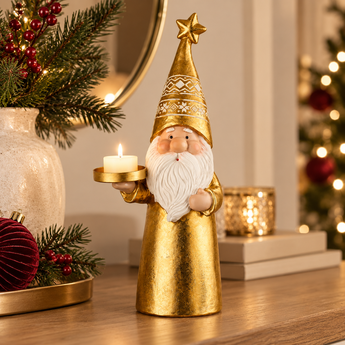 Babbo Natale Dorato Portacandela con Cappello a Punta e Stella – Collezione Portiamo la Luce! 12x8x30 cm