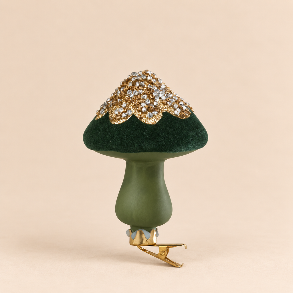 Fungo Decorativo in Velluto con Clip Verde e Oro 6 x 10 cm